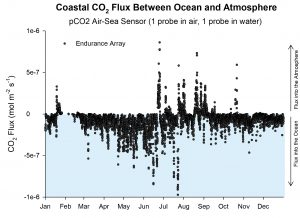 Graph depicting the flux of CO2 between ocean and atmosphere as measured by the Coastal Endurance array off the coast of New England
