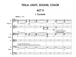 Musical score showing musical notation. Score is from Jon Bellona's movement Currents, from Tesla: Light, Sound, Color