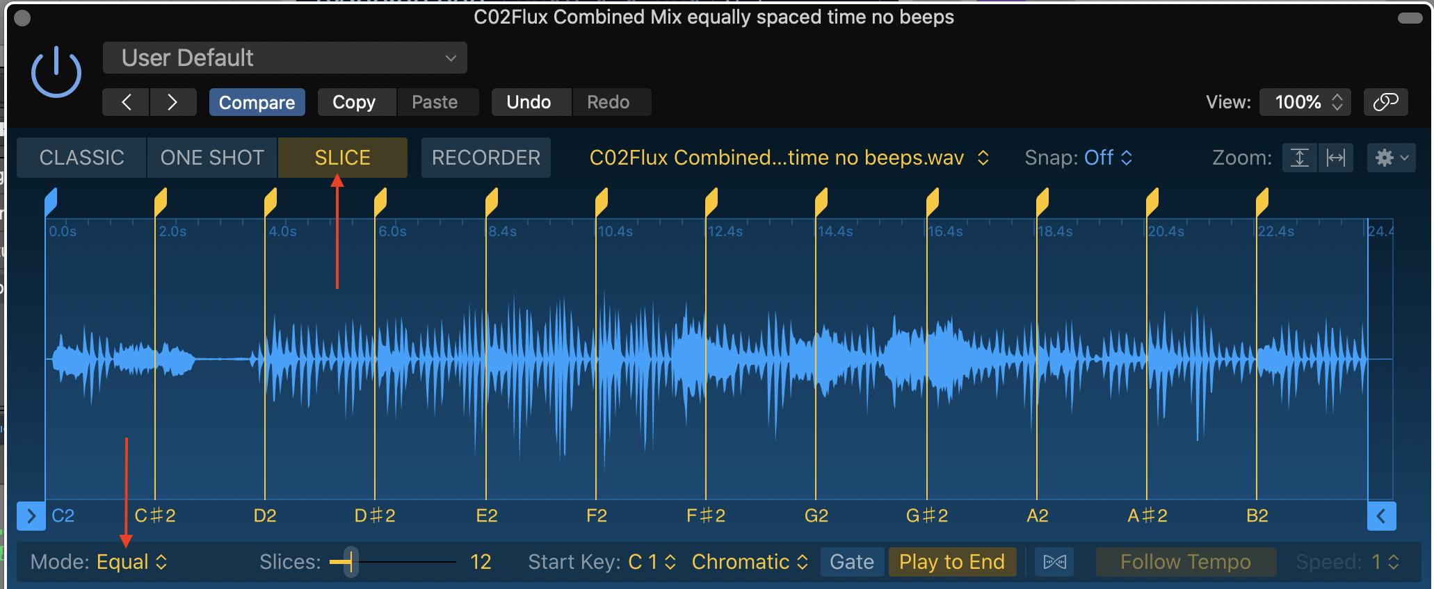 Image showing Logic Pro X Quick Sampler with Arrows highlighting Slice Mode and Equal Division setting