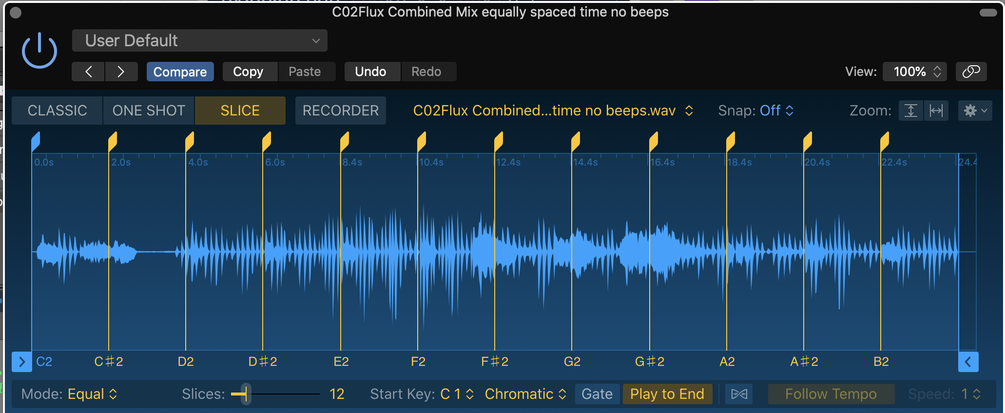 Image of Logic Pro X's Quick Sampler showing equal-spaced playback markers