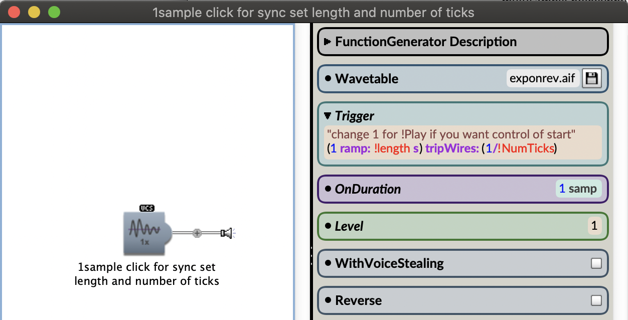 Kyma window that shows a Function Generator Sound and its parameter fields. The Trigger parameter field includes code the creates linearly-spaced divisions across a user-defined time and number of divisions. The code is in Kyma’s Capytalk language.