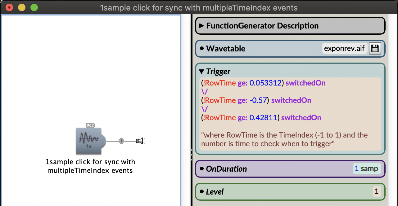 Kyma example of a multiple event-based click track with user-defined times. The Capytalk uses \/, which is a logical OR to test different time index values in order to generate multiple clicks.