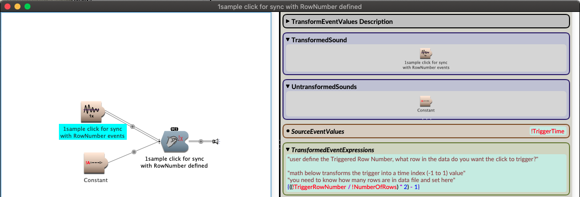 Kyma window with a TransformedEventValues Sound parameter fields open. There is code that converts a user defined data row number into a time index between 0 and 1.