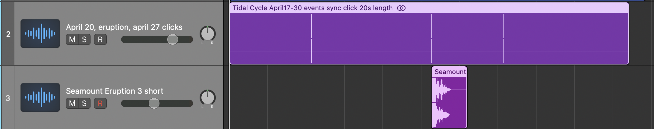 The image shows two audio tracks in Logic. The top track is a sonification click track with three event-based clicks across twenty seconds. The bottom track has a single audio region aligned to the middle click from the top track.